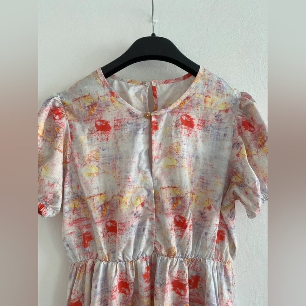 Lightweight Abstract Print Dress in White, Coral & Yellow - Picture 2 of 6